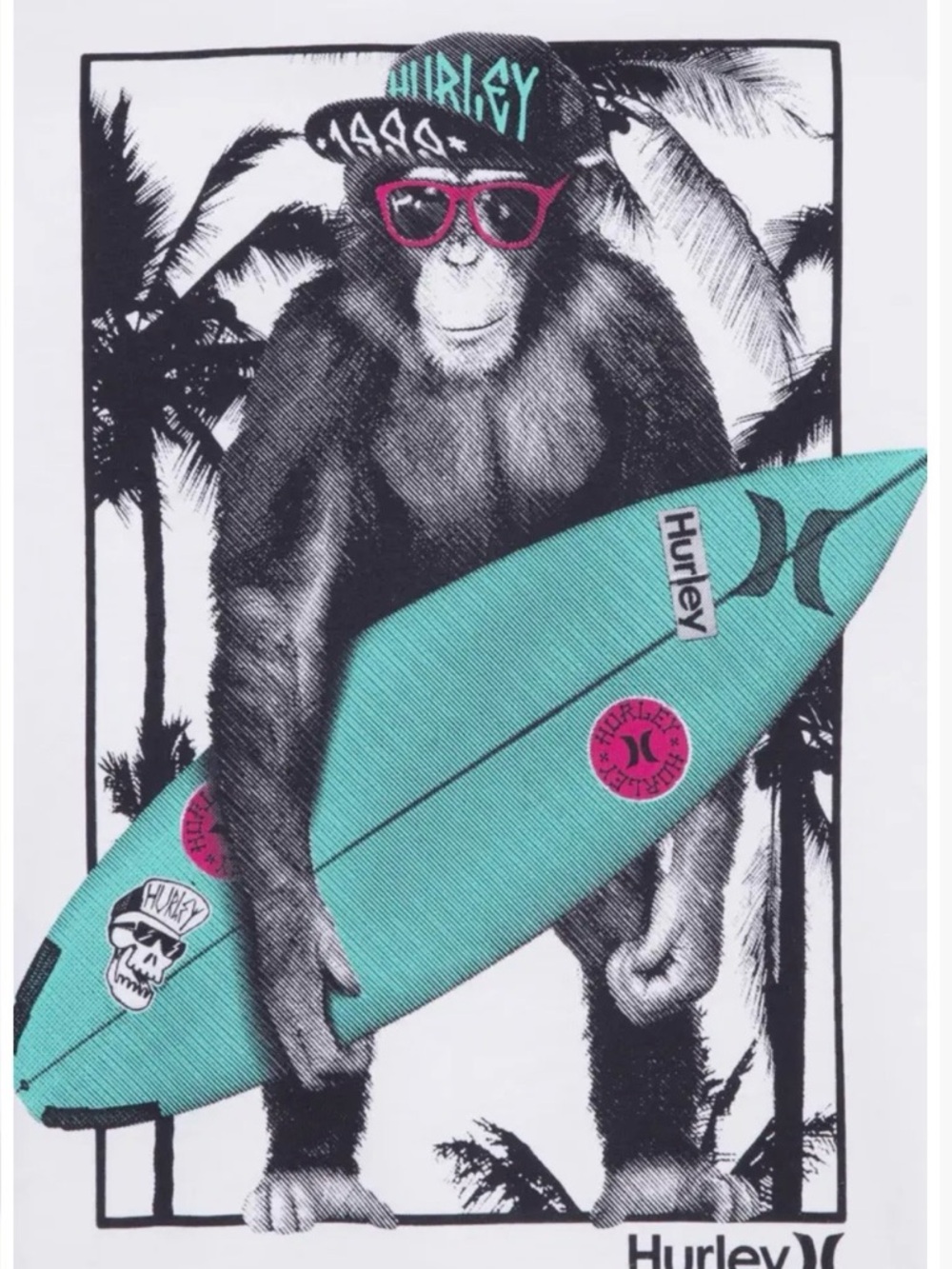 Hurley White Tee with Teal and Pink Surf graphics